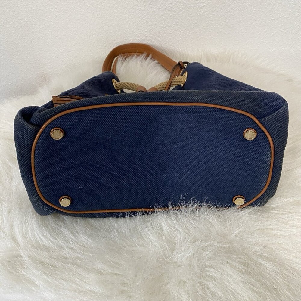 Michael Kors Marina Purse Navy Blue Canvas Brown Leather Tote Bag Bucket Bag - Picture 8 of 16